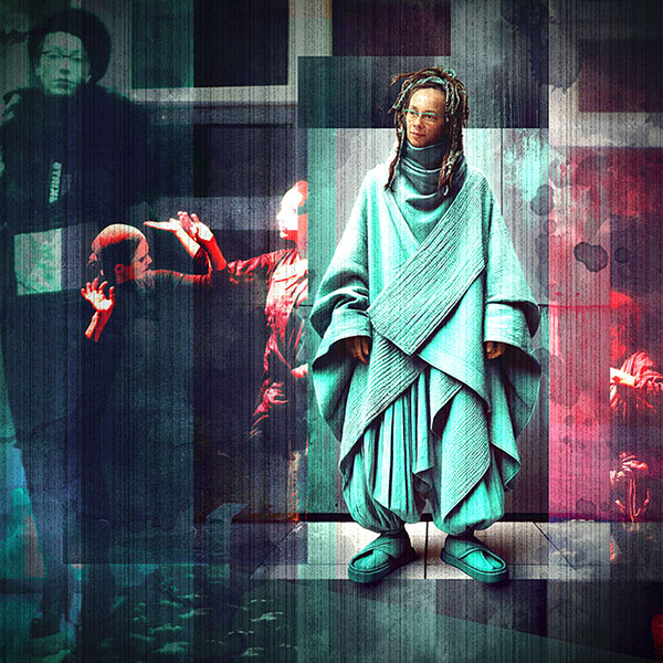 Layered digital portrait using photographs from Barbara Bónyai’s performances.