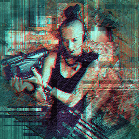 Barbara Bónyai, bald, holding a camera in a digital collage.