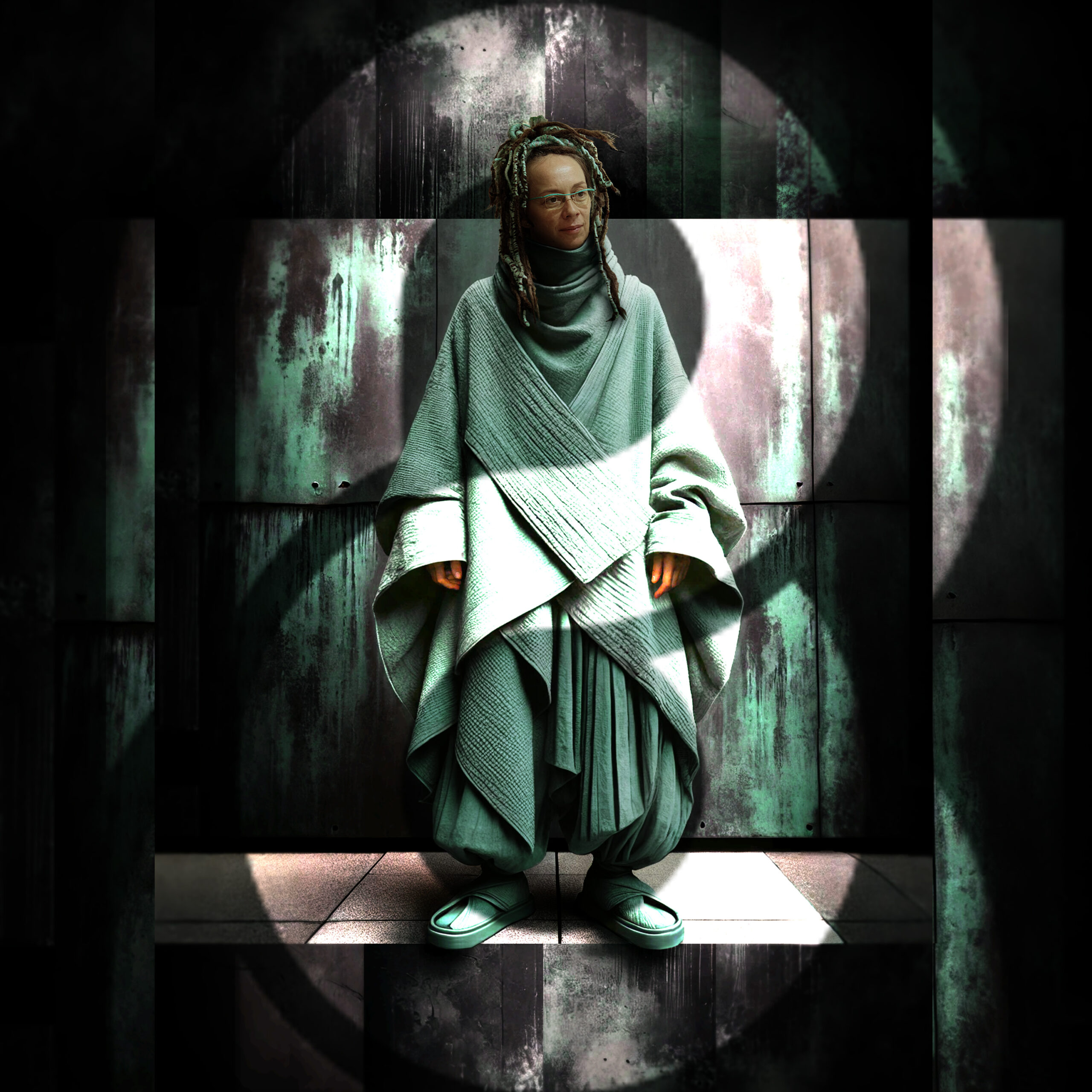 Barbara Bónyai’s layered digital collage portrait in dark and turquoise-green tones.