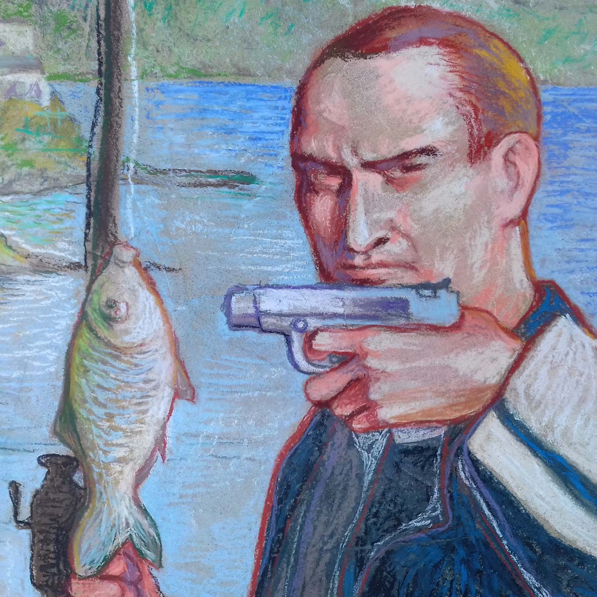 Pastel image detail of a man holding a gun to a fish
